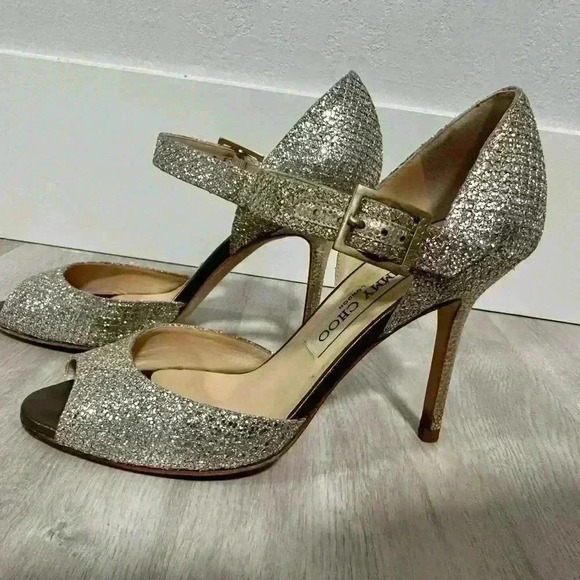 Jimmy Choo Gold Coarse Glitter Peep Toe Ankle Strap Sandals Size 35 1/2 - Picture 10 of 16